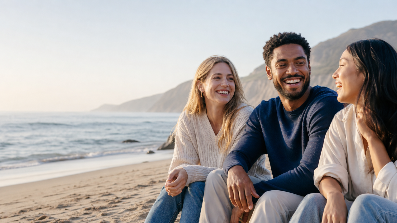 Three friends spending time together at the coast